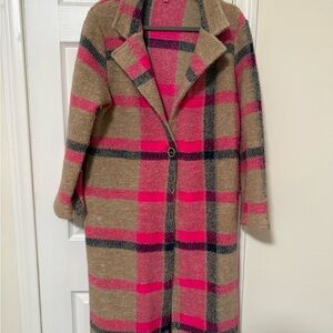 Vilagallo Neon Pink and Tan Plaid Sweater Coat
